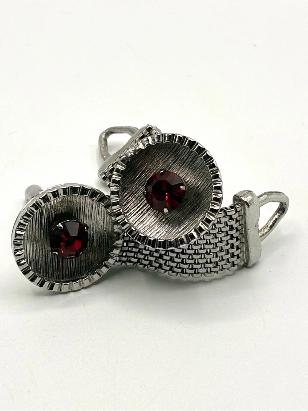 Vintage Silver Tone Mesh Cufflinks Red Rhinestone Wrap Around Formal